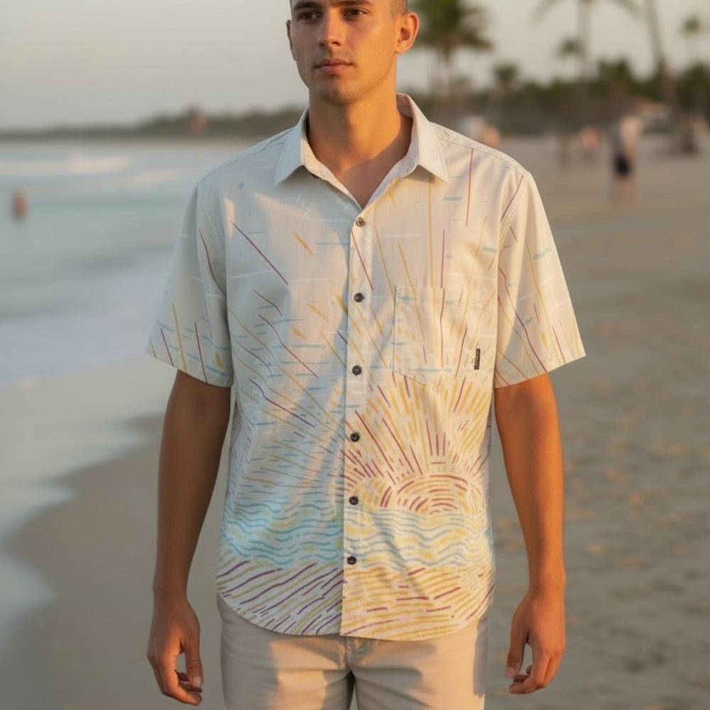 Baja Llama Sun Burst Short Sleeve Button Down Casual Shirt